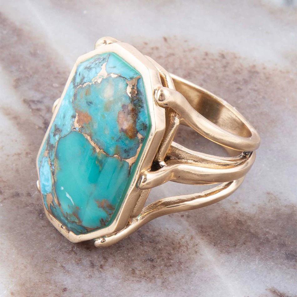 Dolce Blue Teal Turquoise Matrix and Golden Ring by Barse Jewelry