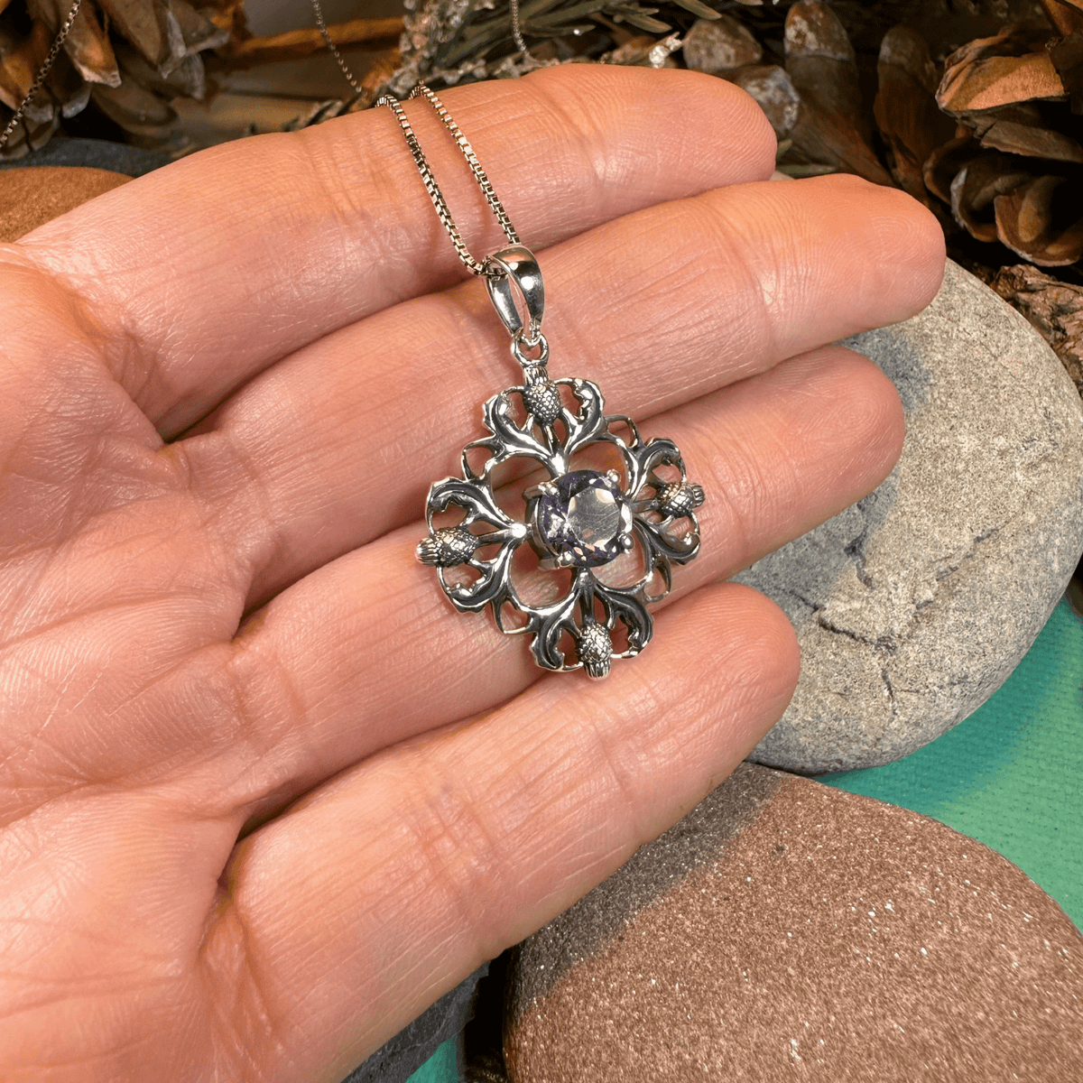 Dolina Amethyst Scottish Thistle Necklace in Sterling Silver Pendant La Vie Bien Dolina Amethyst Scottish Thistle Necklace in Sterling Silver
