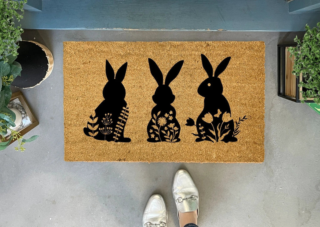 Floral Bunny Doormat for Spring by Nickel Designs Custom Doormats