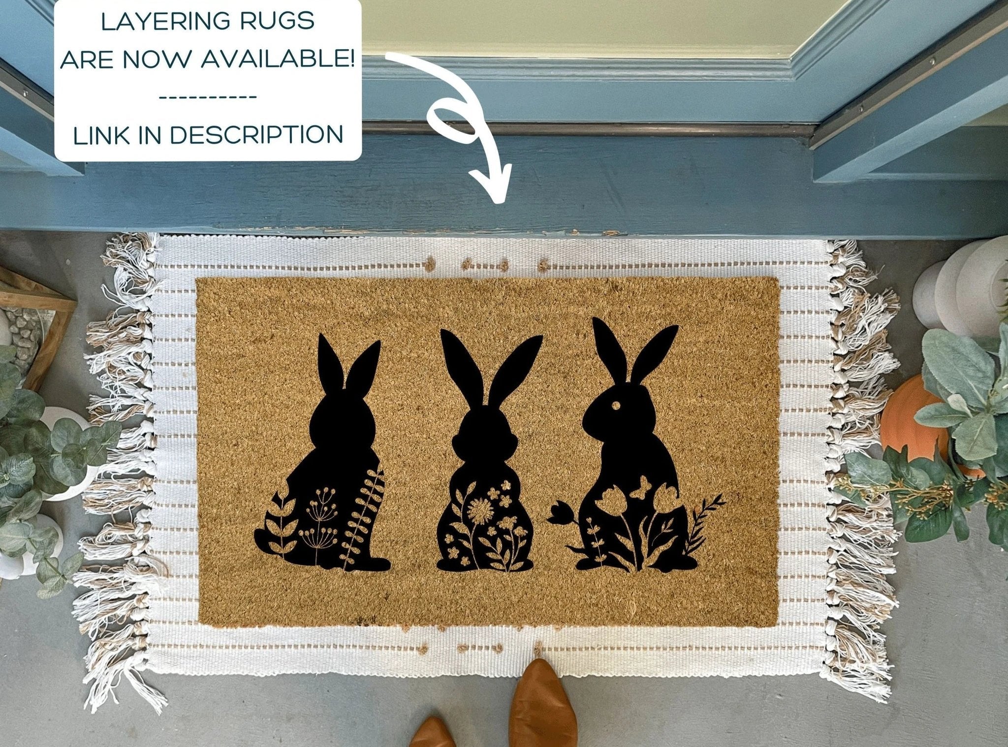 Floral Bunny Doormat for Spring by Nickel Designs Custom Doormats