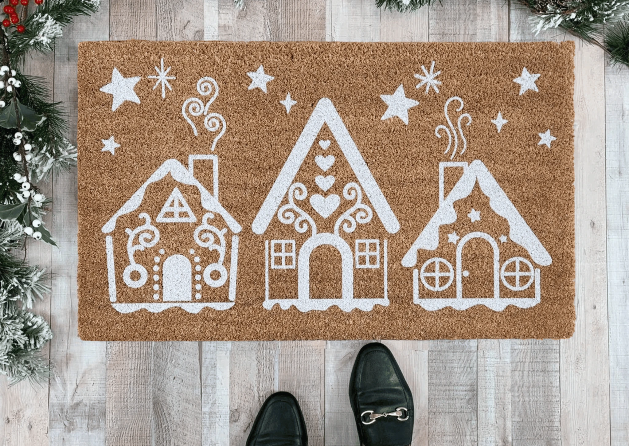 Gingerbread House Trio Christmas Doormat by Nickel Designs Custom Doormats