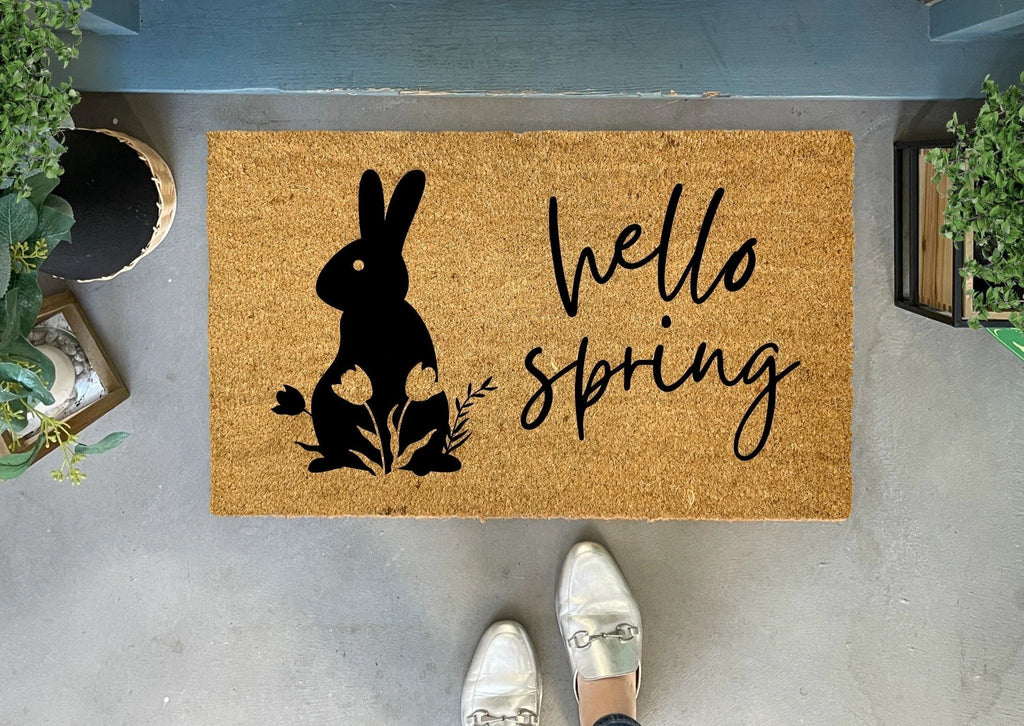 Hello Spring Floral Bunny Doormat by Nickel Designs Custom Doormats