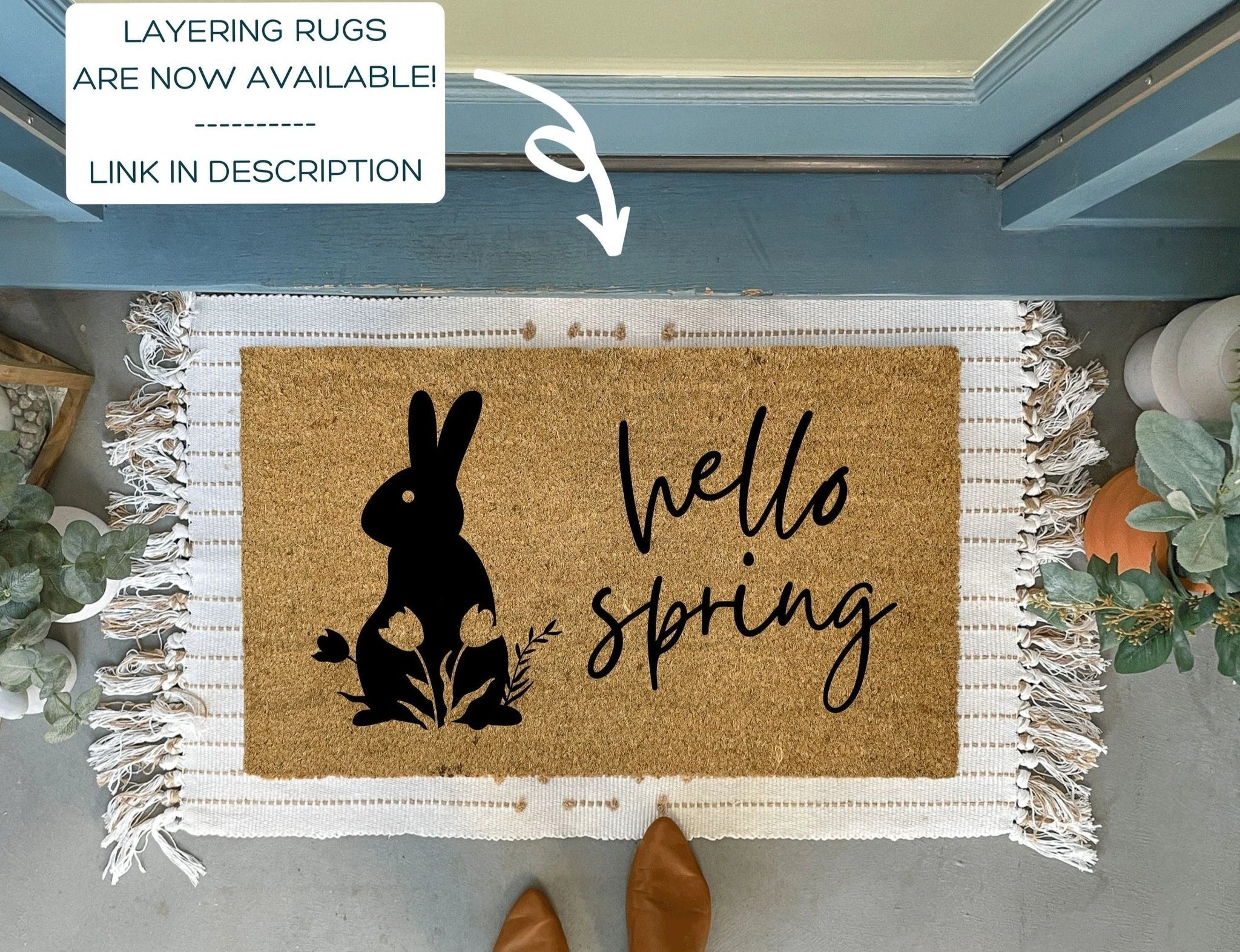 Hello Spring Floral Bunny Doormat by Nickel Designs Custom Doormats