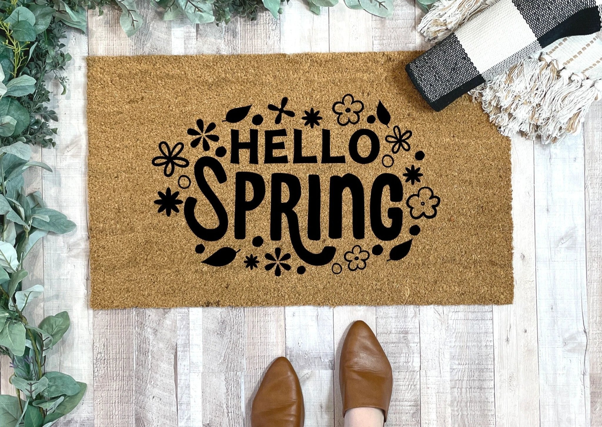 Hello Spring Floral Doormat by Nickel Designs Custom Doormats