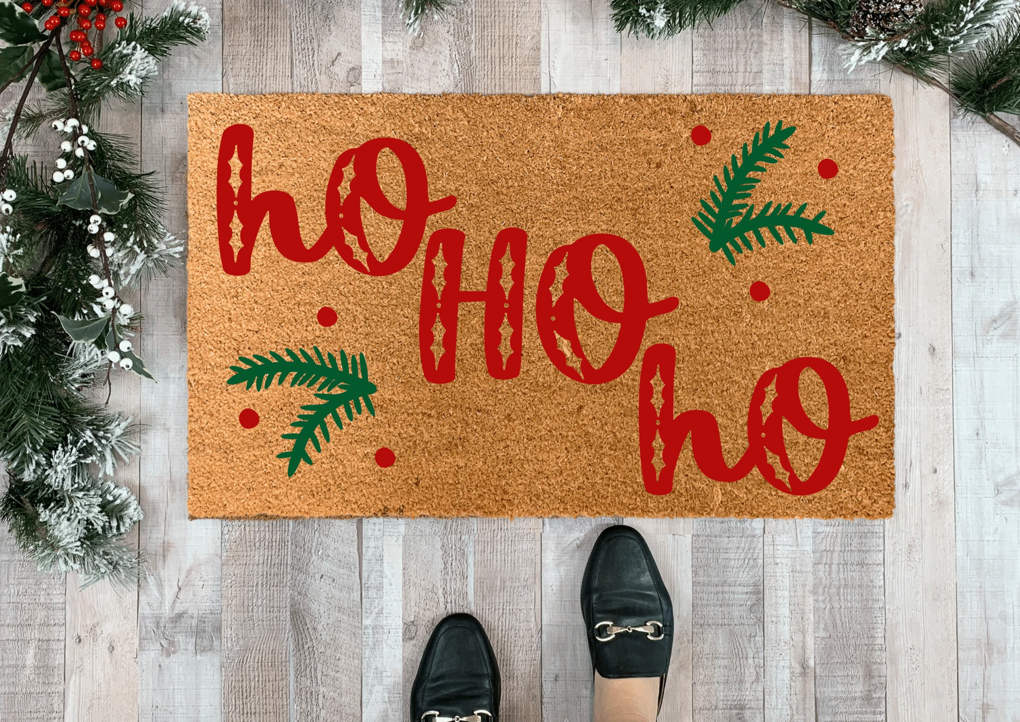 Ho Ho Ho Christmas Doormat with Holly by Nickel Designs Custom Doormats