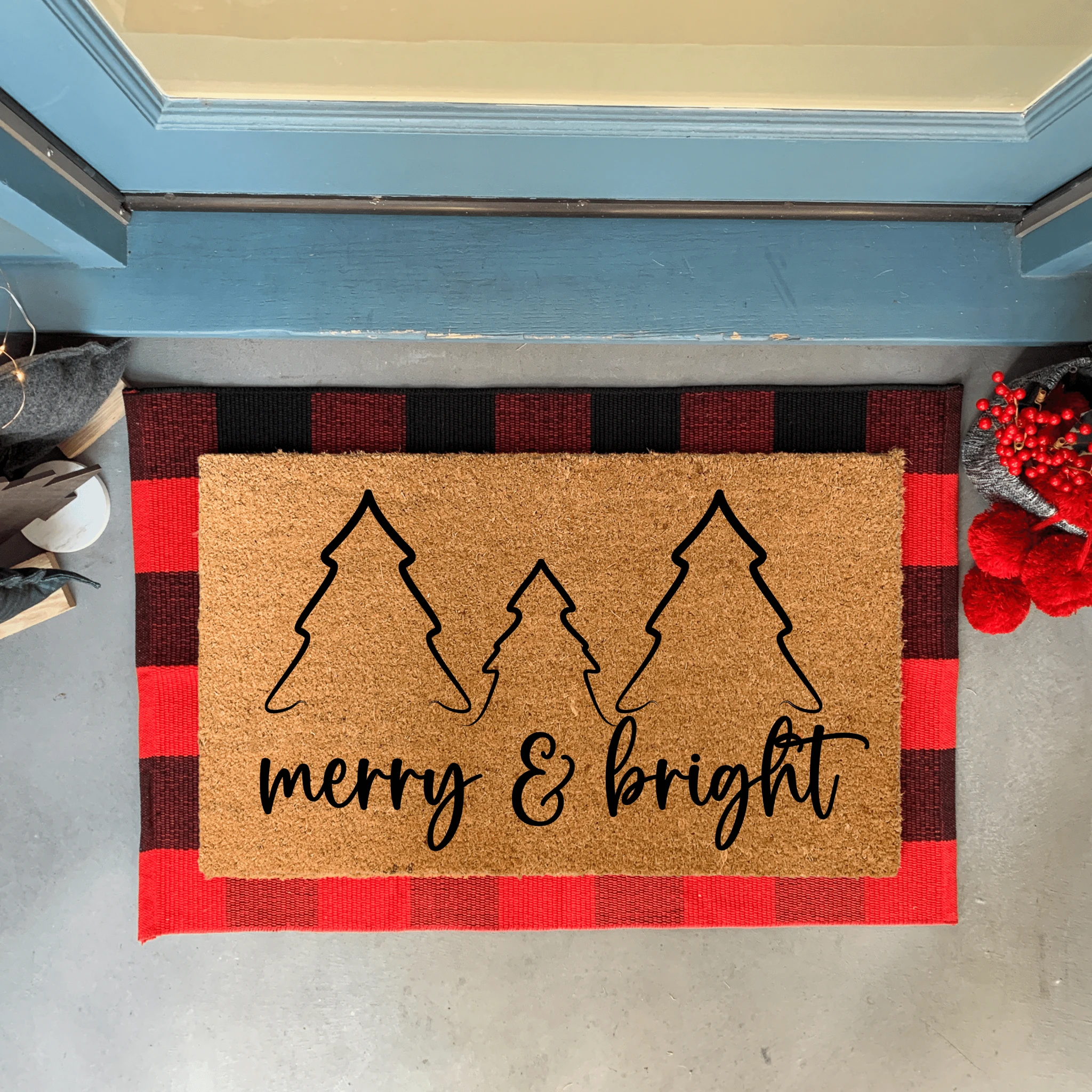 Merry and Bright Christmas Trees Doormat by Nickel Designs Custom Doormats