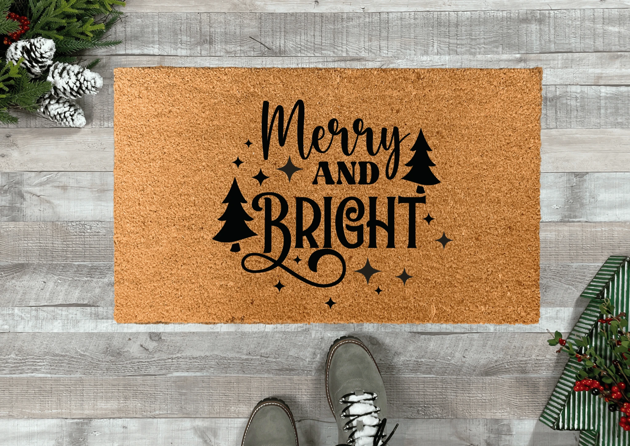 Merry and Bright Outdoor Christmas Doormat by Nickel Designs Custom Doormats
