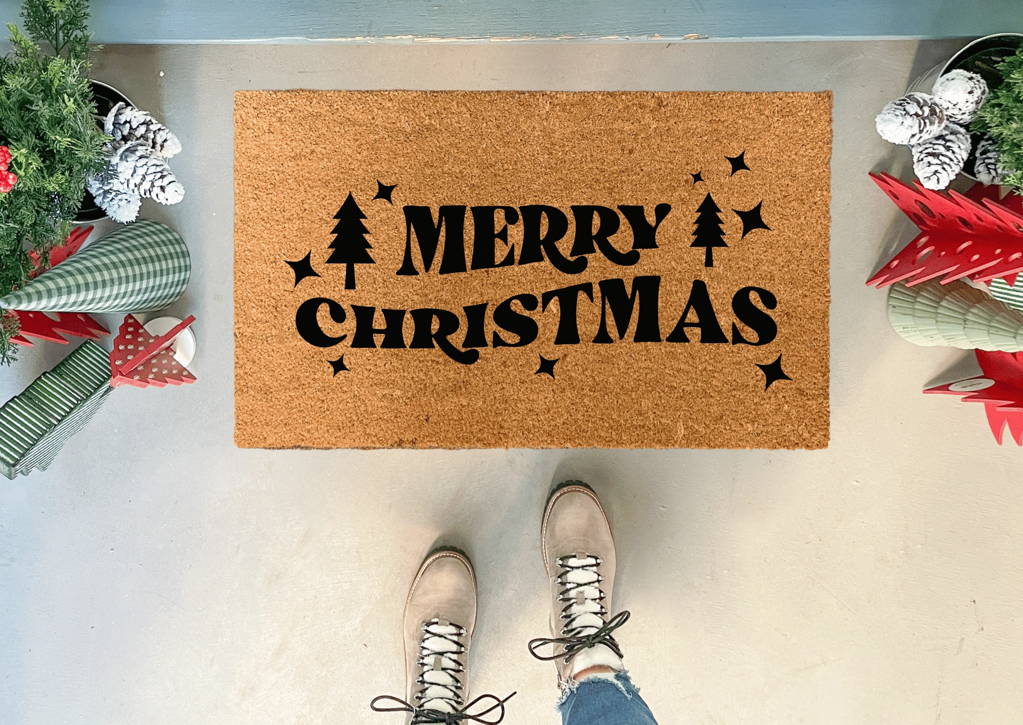 Merry Christmas Doormat with Trees by Nickel Designs Custom Doormats