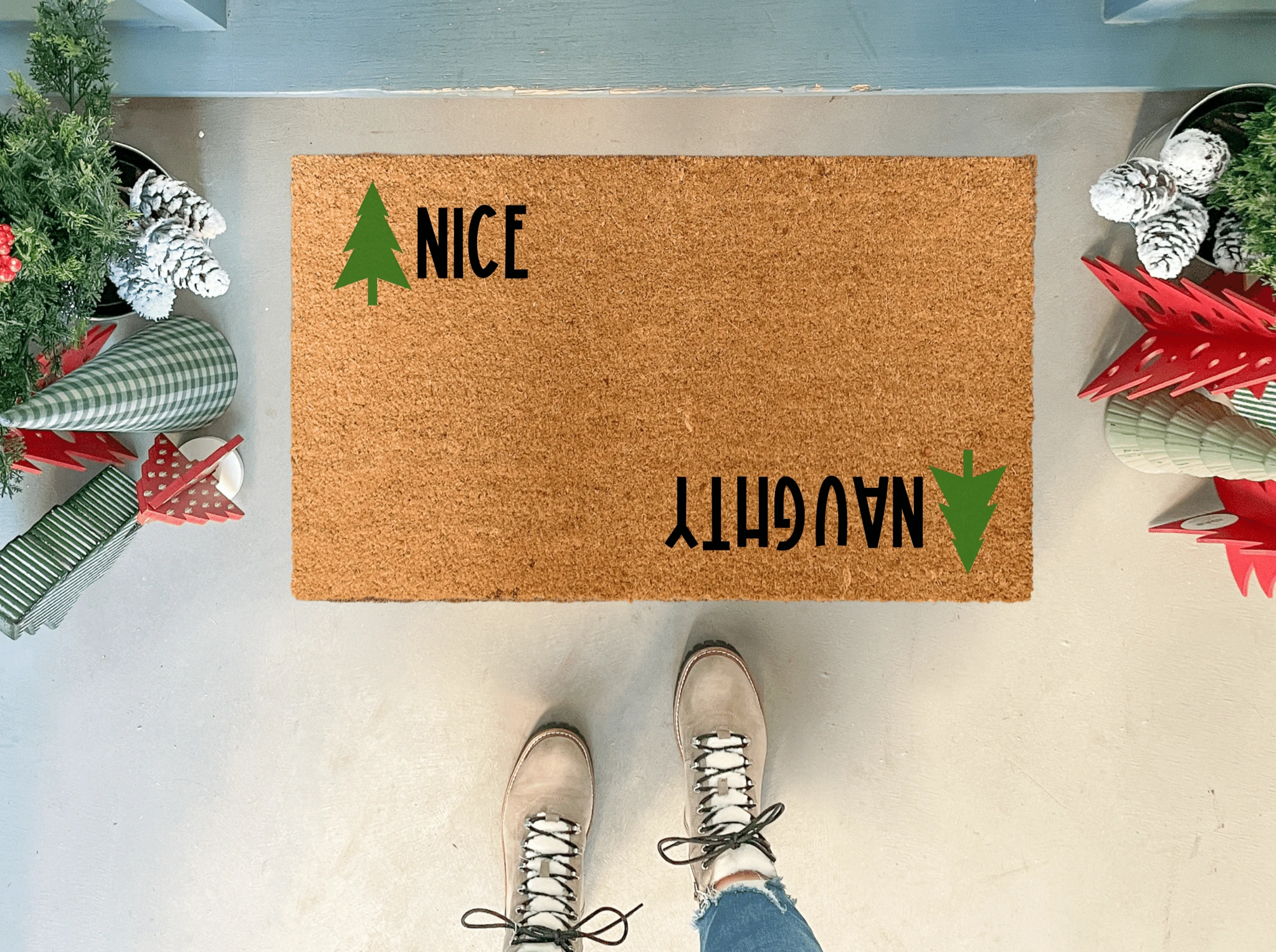 Naughty Nice Christmas Doormat by Nickel Designs Custom Doormats