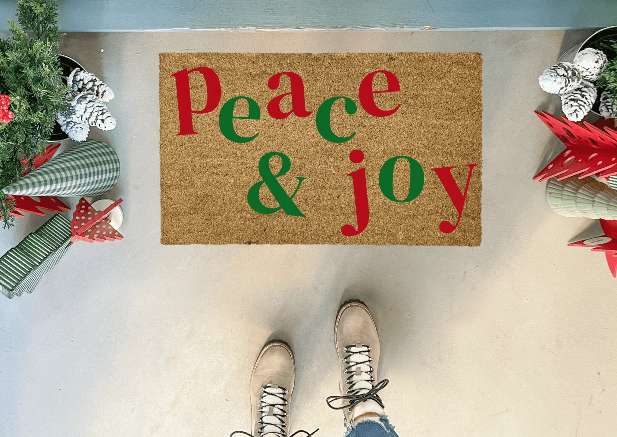 Peace and Joy Christmas Doormat, Natural Coir by Nickel Designs Custom Doormats