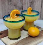 Dos Sueños Mexican Hand Blown Glass – Set of 4 Hand Blown Stemless Aqua Rim Margarita Glasses (14oz) by Dos Sueños