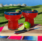 Dos Sueños Mexican Hand Blown Glass – Set of 4 Hand Blown Stemless Aqua Rim Margarita Glasses (14oz) by Dos Sueños