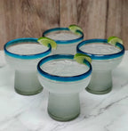 Dos Sueños Mexican Hand Blown Glass – Set of 4 Hand Blown Stemless Aqua Rim Margarita Glasses (14oz) by Dos Sueños