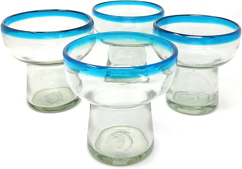 Dos Sueños Mexican Hand Blown Glass – Set of 4 Hand Blown Stemless Aqua Rim Margarita Glasses (14oz) by Dos Sueños