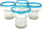 Dos Sueños Mexican Hand Blown Glass – Set of 4 Hand Blown Stemless Aqua Rim Margarita Glasses (14oz) by Dos Sueños