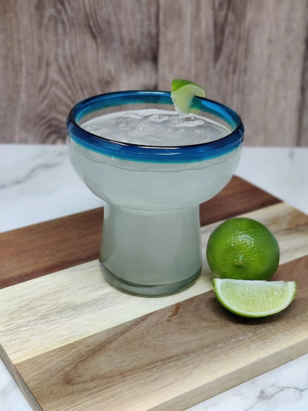 Dos Sueños Mexican Hand Blown Glass – Set of 4 Hand Blown Stemless Aqua Rim Margarita Glasses (14oz) by Dos Sueños