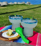 Dos Sueños Mexican Hand Blown Glass – Set of 4 Hand Blown Stemless Aqua Rim Margarita Glasses (14oz) by Dos Sueños