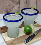 Dos Sueños Mexican Hand Blown Glass – Set of 4 Hand Blown Stemless Blue Rim Margarita Glasses (14oz) by Dos Sueños