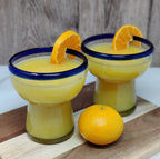 Dos Sueños Mexican Hand Blown Glass – Set of 4 Hand Blown Stemless Blue Rim Margarita Glasses (14oz) by Dos Sueños