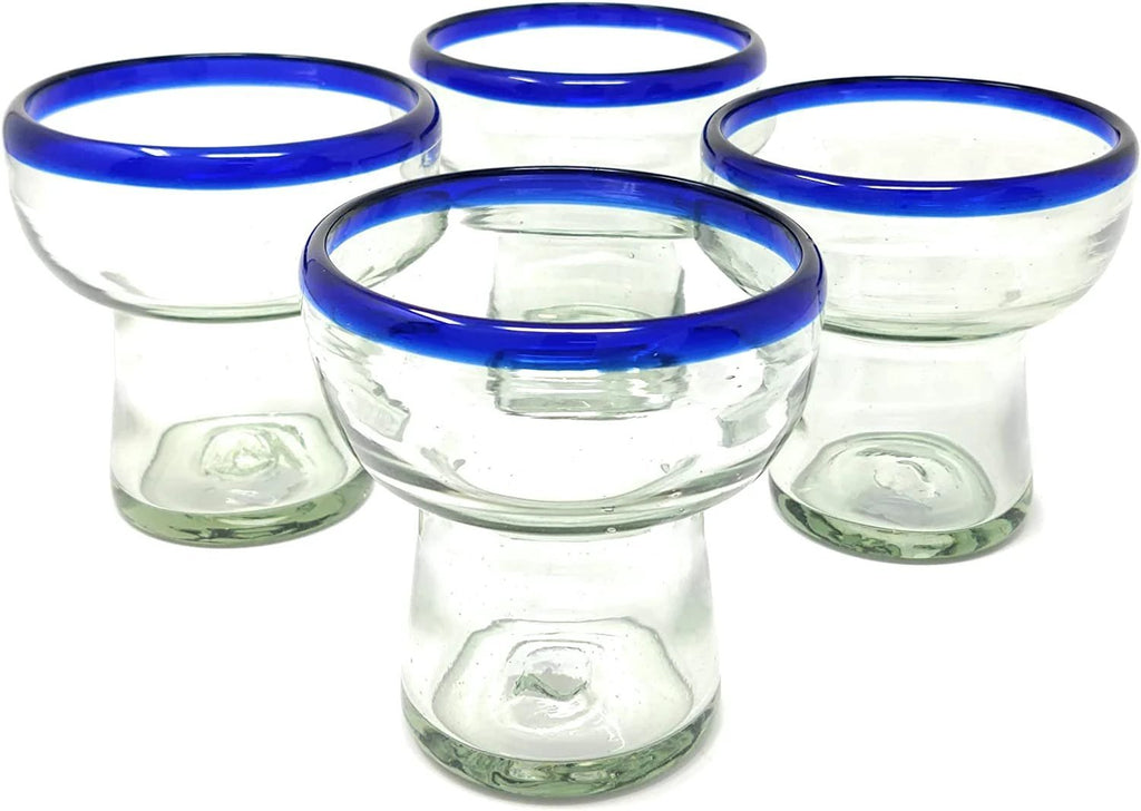 Dos Sueños Mexican Hand Blown Glass – Set of 4 Hand Blown Stemless Blue Rim Margarita Glasses (14oz) by Dos Sueños
