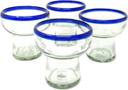 Dos Sueños Mexican Hand Blown Glass – Set of 4 Hand Blown Stemless Blue Rim Margarita Glasses (14oz) by Dos Sueños