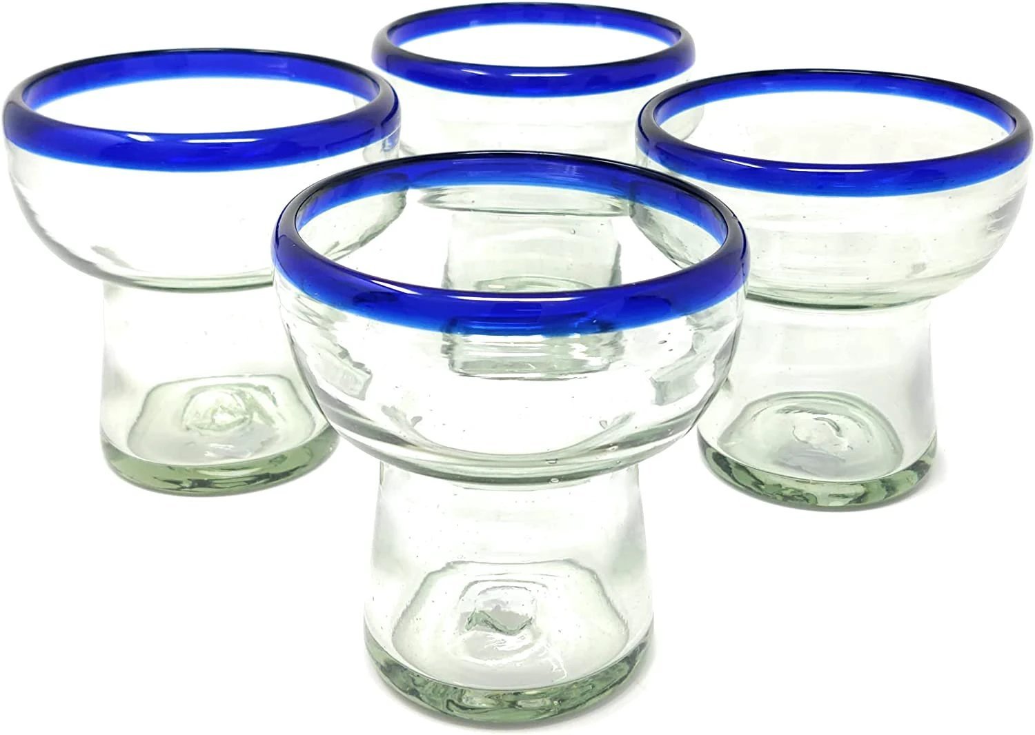 Dos Sueños Mexican Hand Blown Glass – Set of 4 Hand Blown Stemless Blue Rim Margarita Glasses (14oz) by Dos Sueños