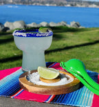 Dos Sueños Mexican Hand Blown Glass – Set of 4 Hand Blown Stemless Blue Rim Margarita Glasses (14oz) by Dos Sueños