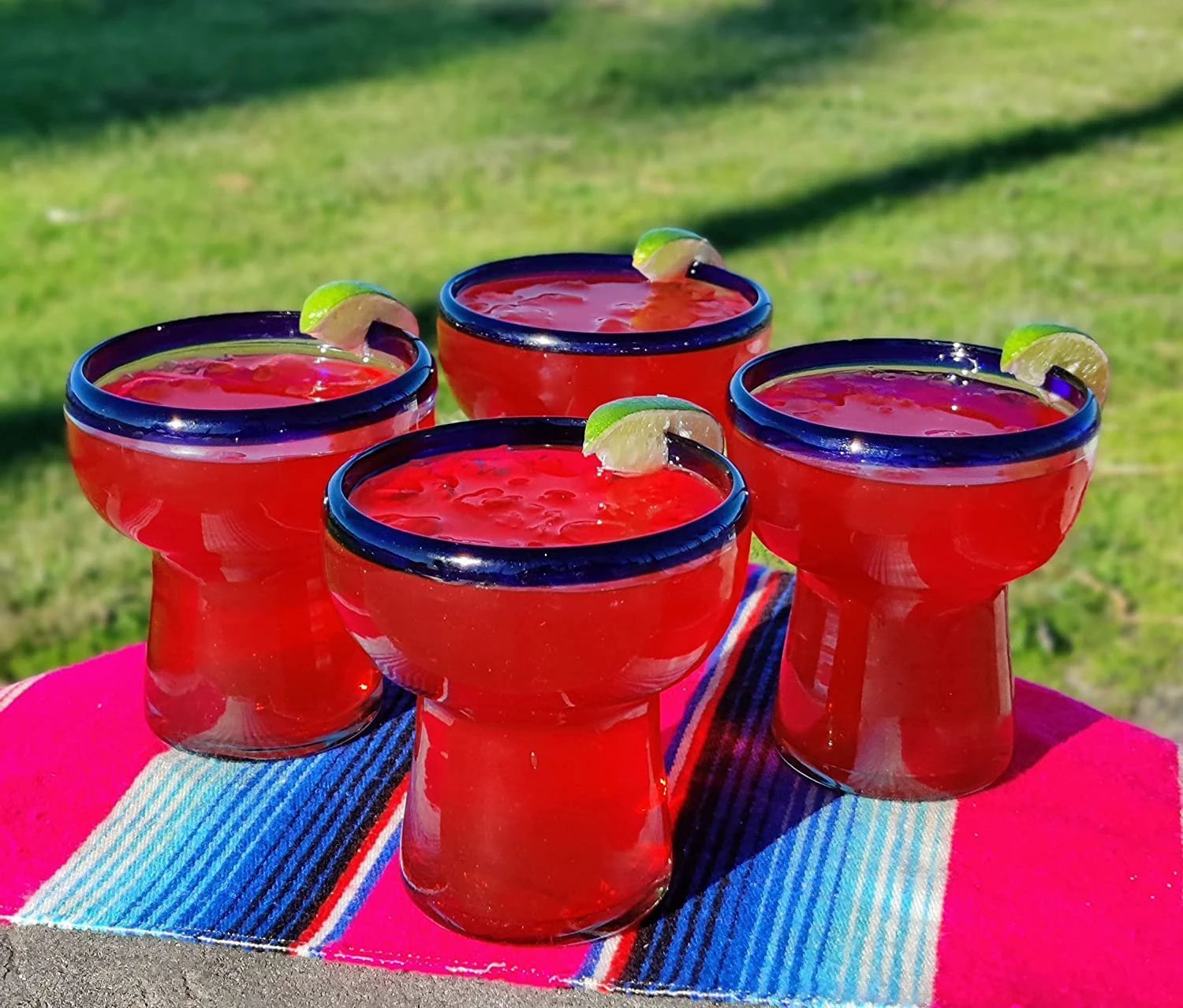 Dos Sueños Mexican Hand Blown Glass – Set of 4 Hand Blown Stemless Blue Rim Margarita Glasses (14oz) by Dos Sueños