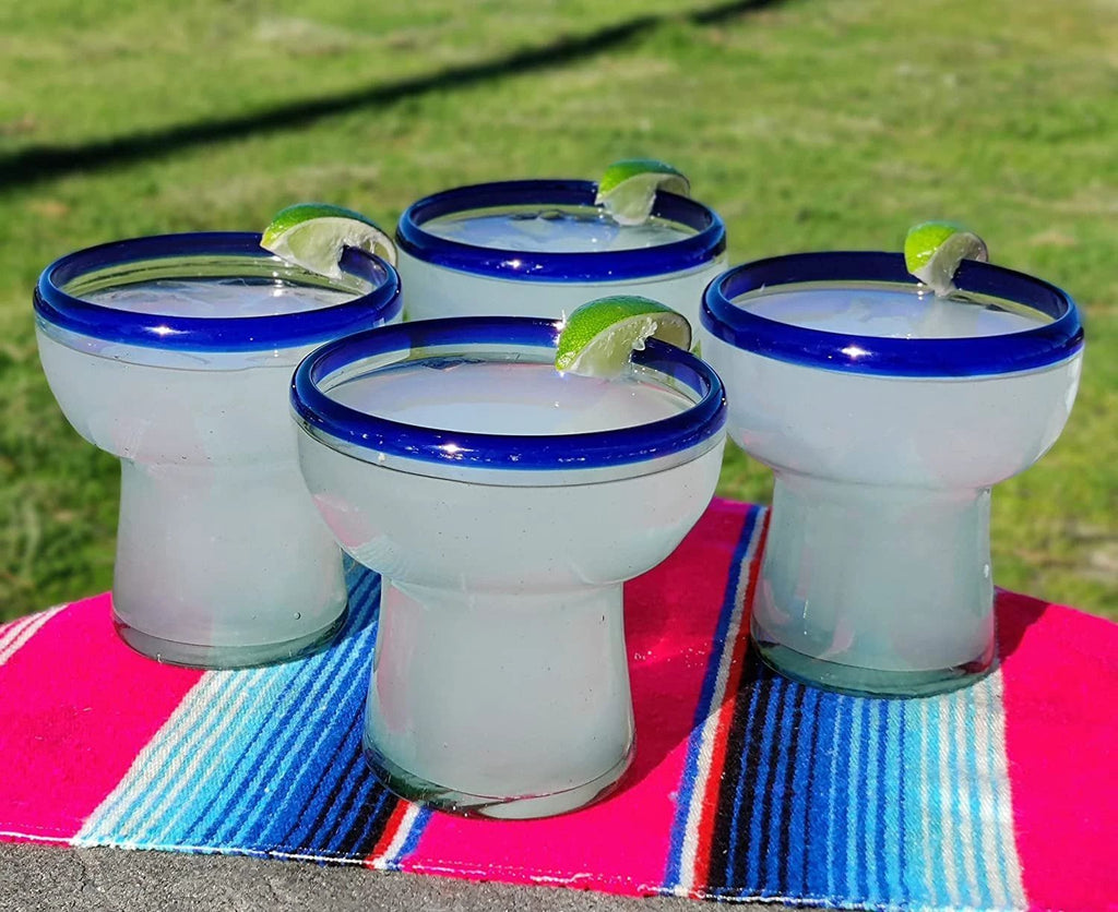 Dos Sueños Mexican Hand Blown Glass – Set of 4 Hand Blown Stemless Blue Rim Margarita Glasses (14oz) by Dos Sueños