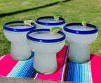 Dos Sueños Mexican Hand Blown Glass – Set of 4 Hand Blown Stemless Blue Rim Margarita Glasses (14oz) by Dos Sueños
