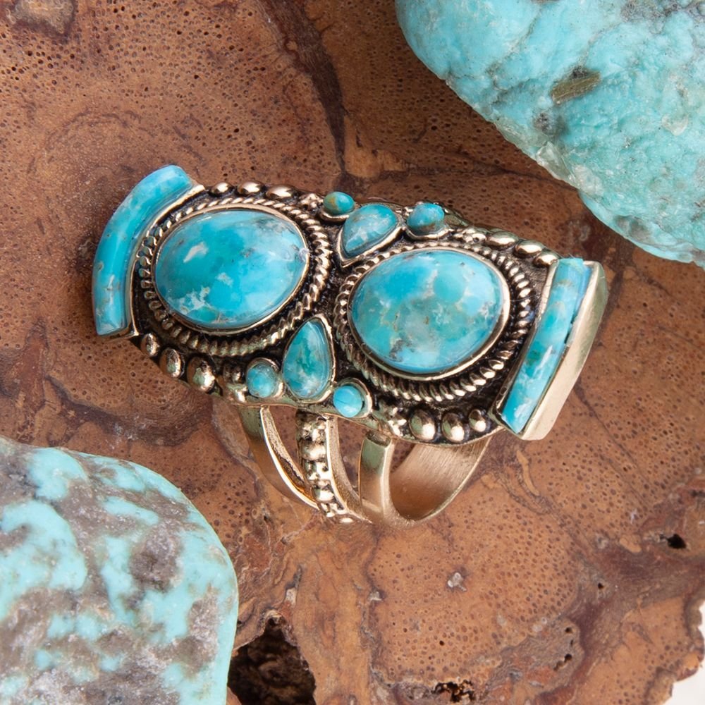 Double Blue Turquoise Golden Shield Ring Rings La Vie Bien Double Blue Turquoise Golden Shield Ring