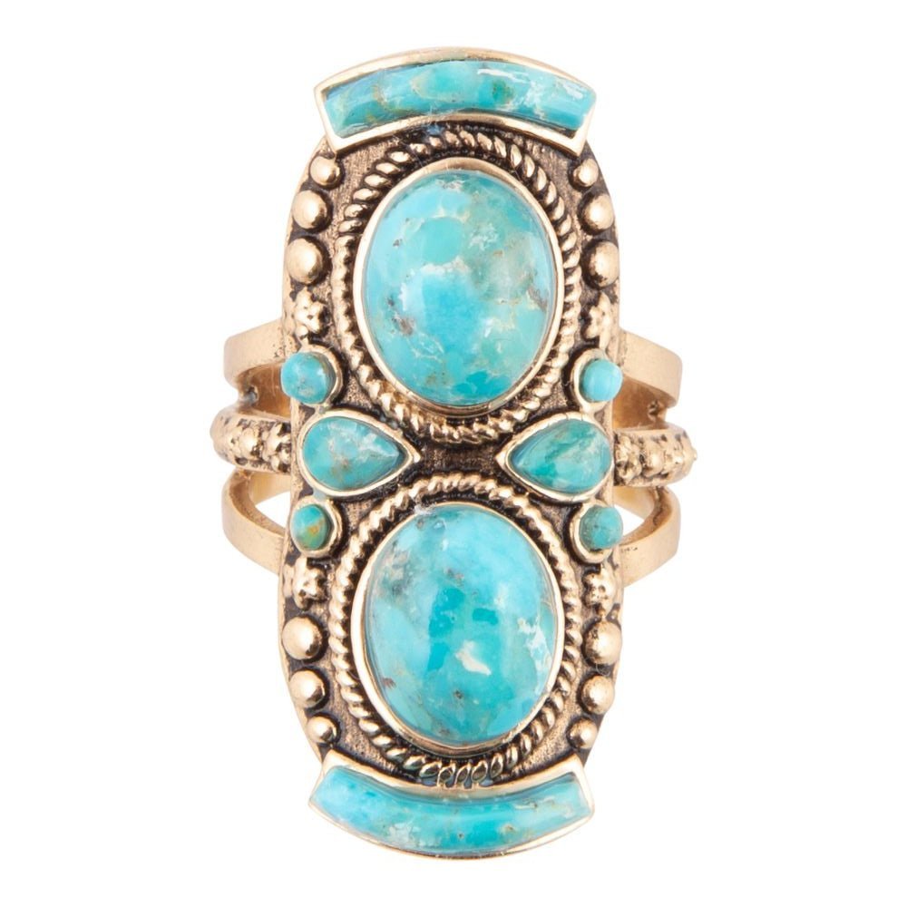 Double Blue Turquoise Golden Shield Ring Rings La Vie Bien Double Blue Turquoise Golden Shield Ring