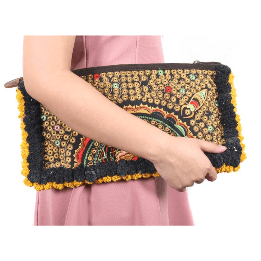 Double Pompom Embroidered Hmong Clutch - Thailand Bags La Vie Bien Double Pompom Embroidered Hmong Clutch - Thailand