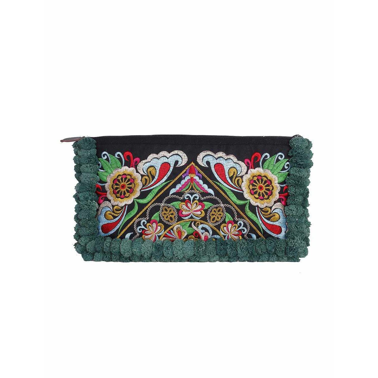 Double Pompom Embroidered Hmong Clutch - Thailand Bags La Vie Bien Double Pompom Embroidered Hmong Clutch - Thailand