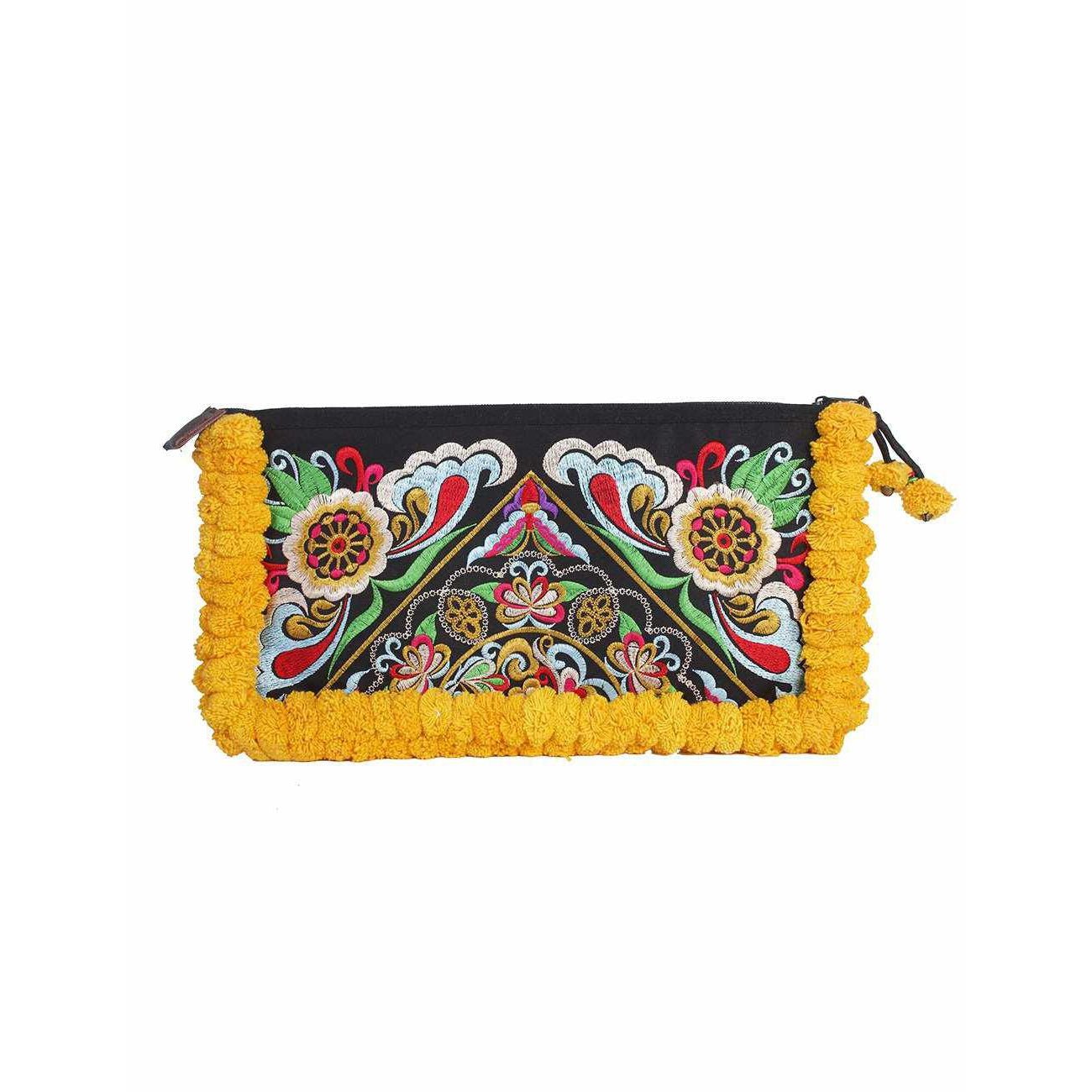 Double Pompom Embroidered Hmong Clutch - Thailand Bags La Vie Bien Double Pompom Embroidered Hmong Clutch - Thailand