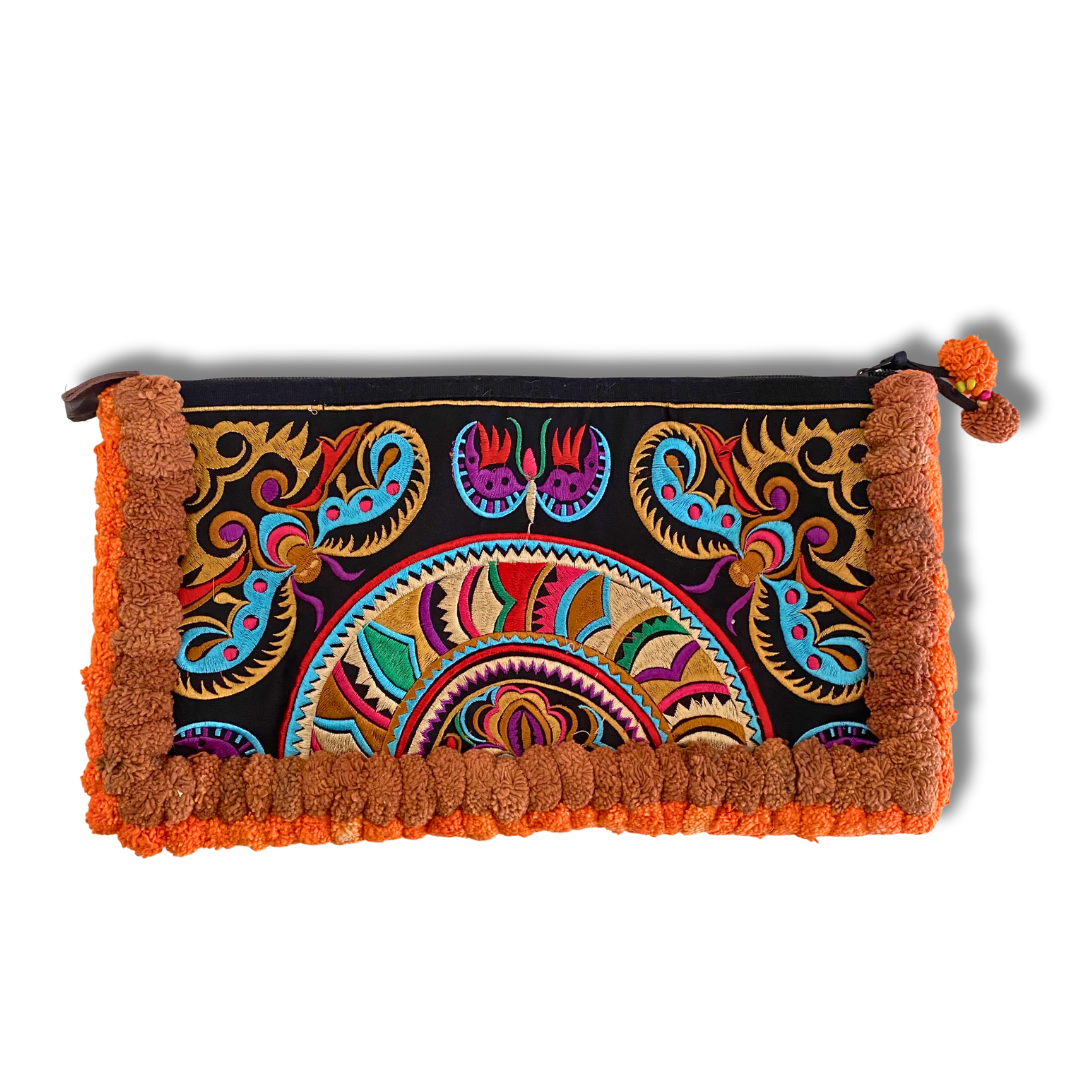 Double Pompom Embroidered Hmong Clutch - Thailand Bags La Vie Bien Double Pompom Embroidered Hmong Clutch - Thailand