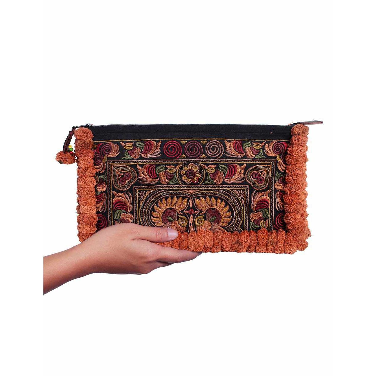 Double Pompom Embroidered Hmong Clutch - Thailand Bags La Vie Bien Double Pompom Embroidered Hmong Clutch - Thailand
