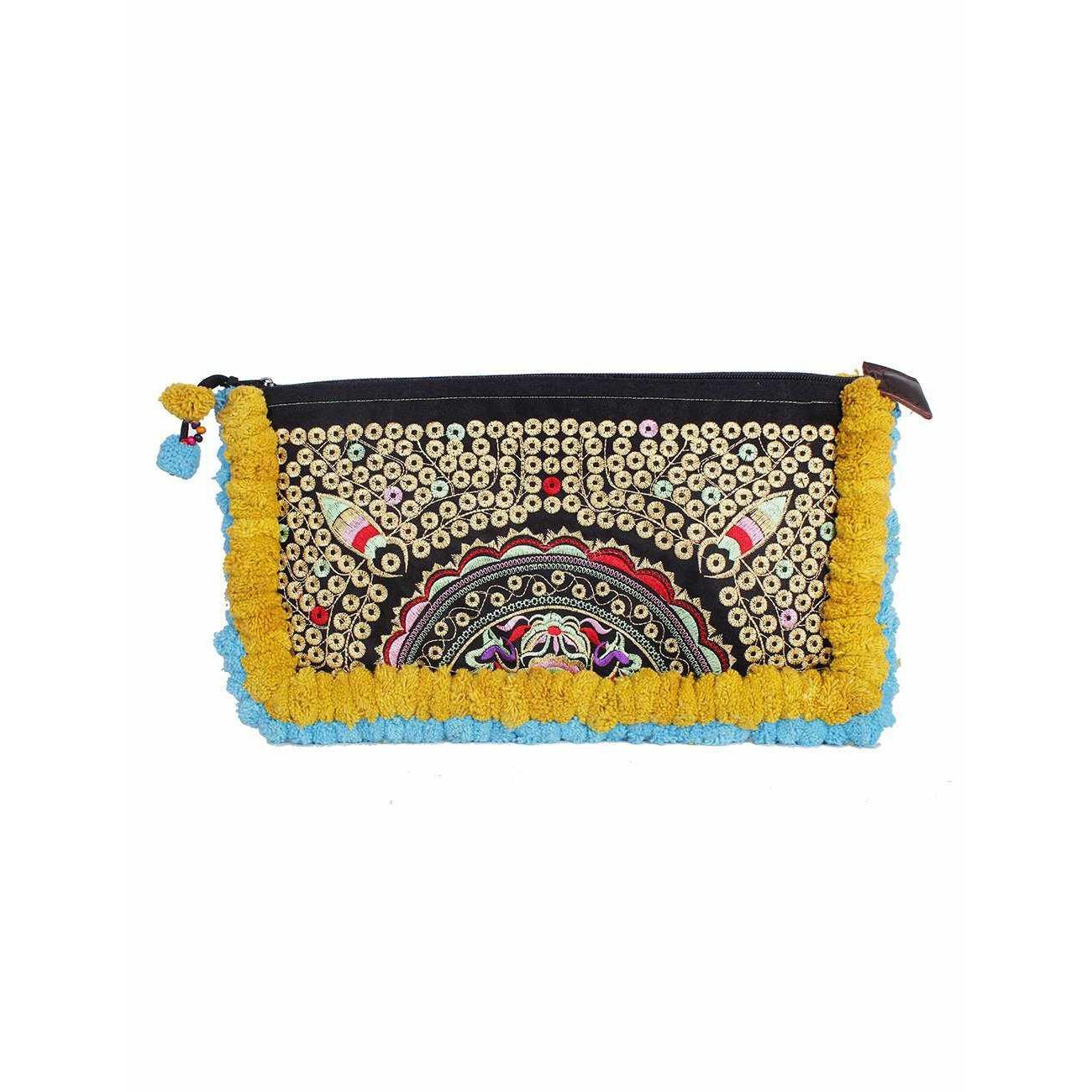 Double Pompom Embroidered Hmong Clutch - Thailand Bags La Vie Bien Double Pompom Embroidered Hmong Clutch - Thailand
