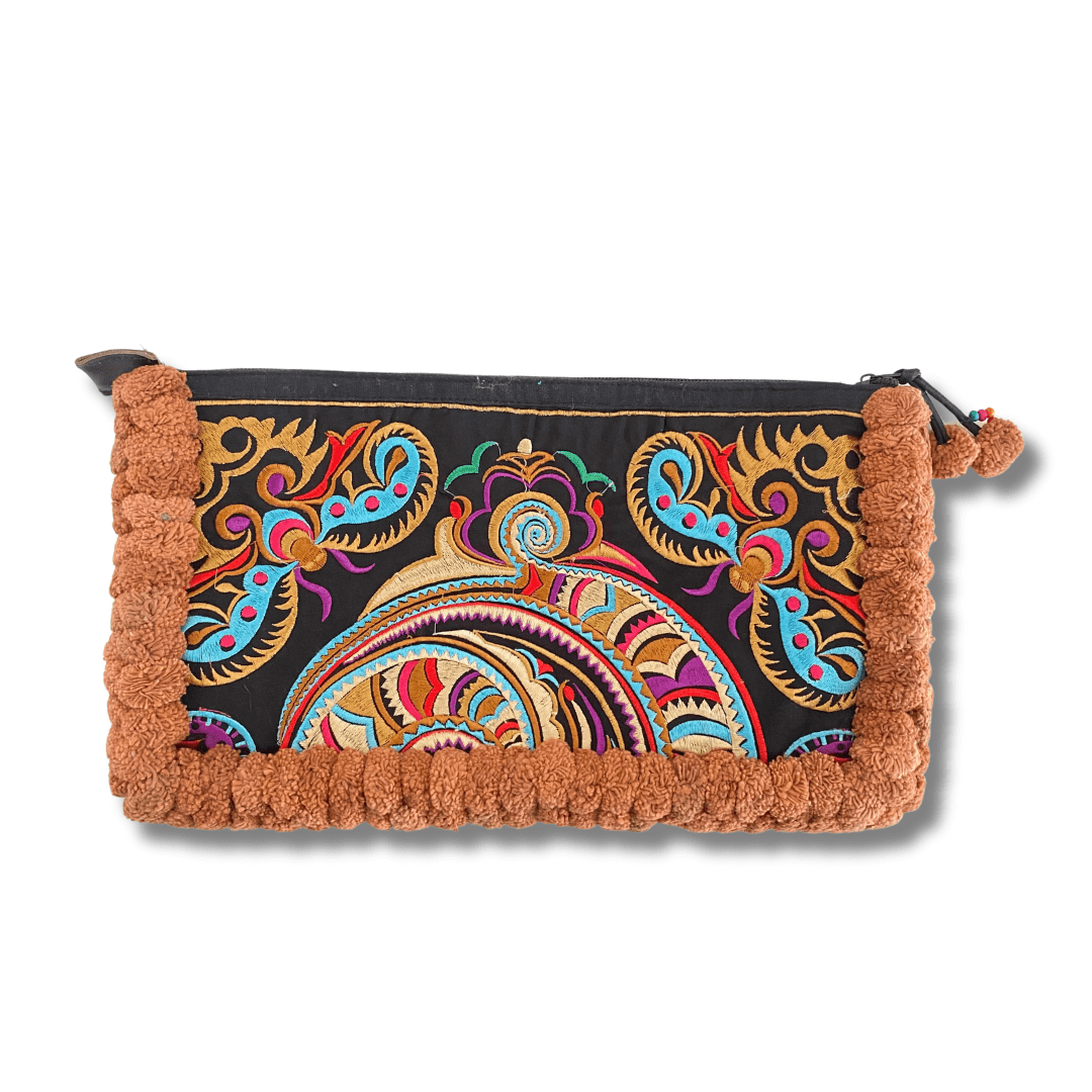Double Pompom Embroidered Hmong Clutch - Thailand Bags La Vie Bien Double Pompom Embroidered Hmong Clutch - Thailand