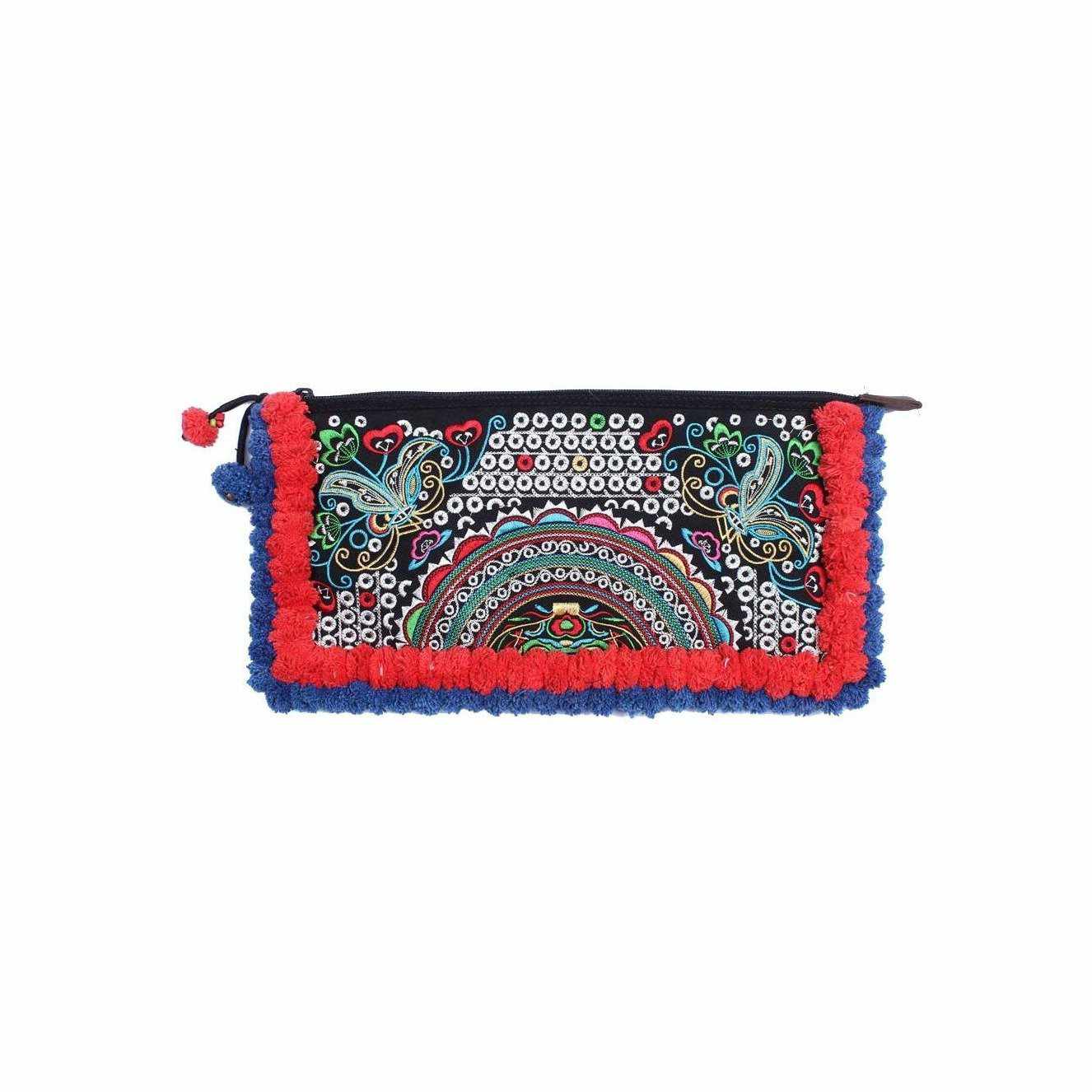 Double Pompom Embroidered Hmong Clutch - Thailand Bags La Vie Bien Double Pompom Embroidered Hmong Clutch - Thailand