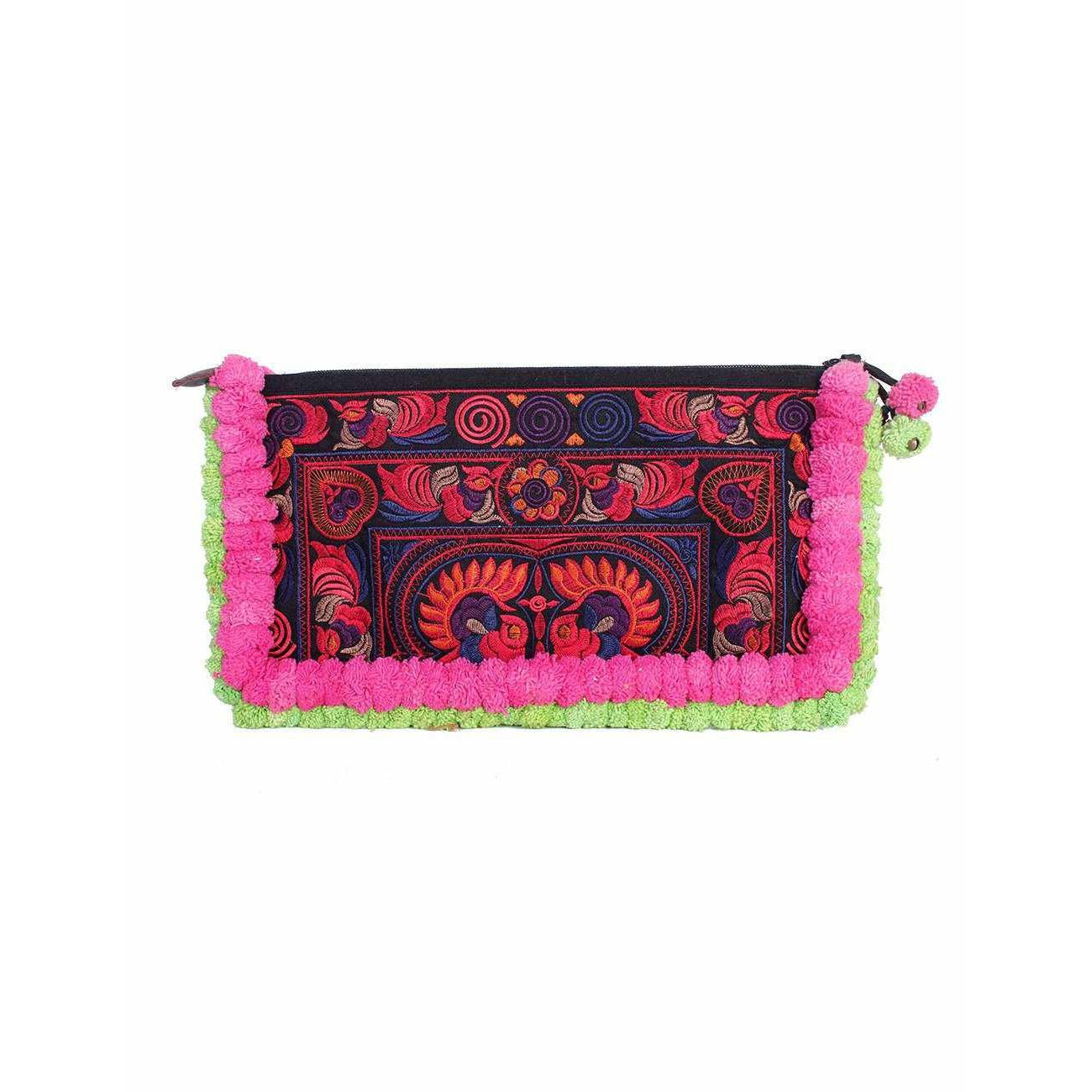 Double Pompom Embroidered Hmong Clutch - Thailand Bags La Vie Bien Double Pompom Embroidered Hmong Clutch - Thailand