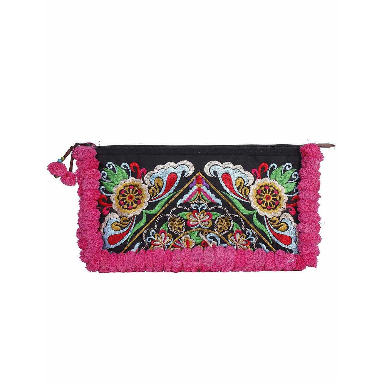 Double Pompom Embroidered Hmong Clutch - Thailand Bags La Vie Bien Double Pompom Embroidered Hmong Clutch - Thailand