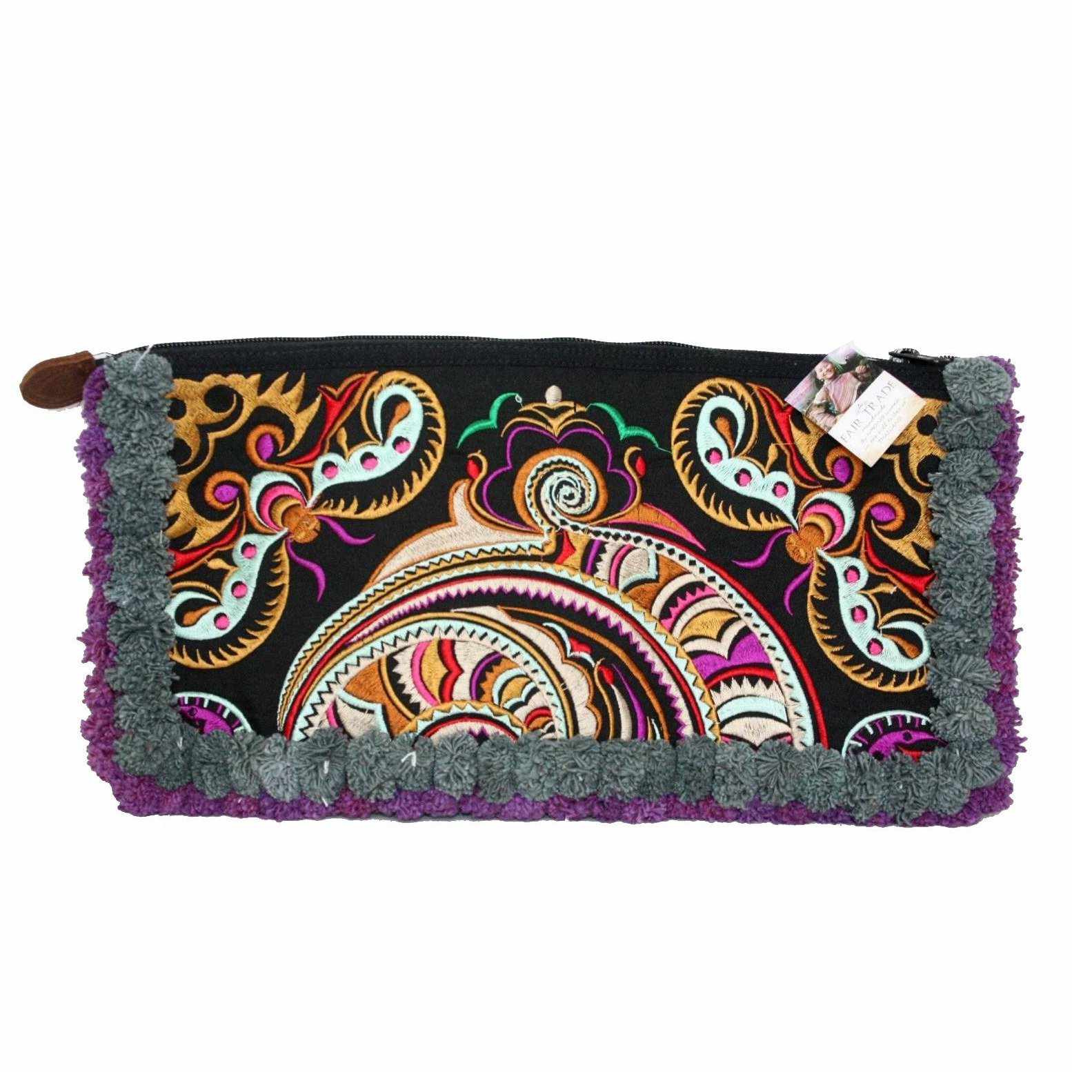 Double Pompom Embroidered Hmong Clutch - Thailand Bags La Vie Bien Double Pompom Embroidered Hmong Clutch - Thailand