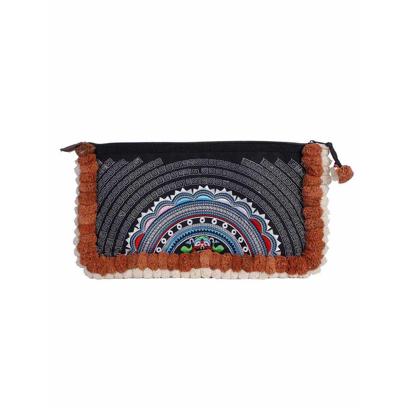 Double Pompom Embroidered Hmong Clutch - Thailand Bags La Vie Bien Double Pompom Embroidered Hmong Clutch - Thailand