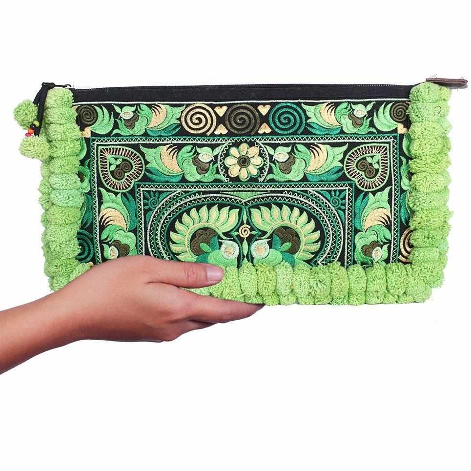 Double Pompom Embroidered Hmong Clutch - Thailand Bags La Vie Bien Double Pompom Embroidered Hmong Clutch - Thailand