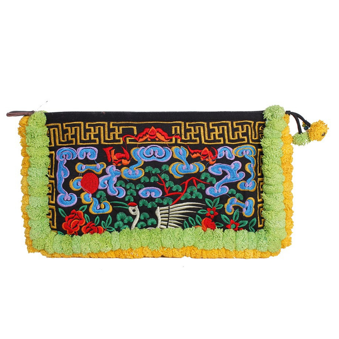 Double Pompom Embroidered Hmong Clutch - Thailand Bags La Vie Bien Double Pompom Embroidered Hmong Clutch - Thailand