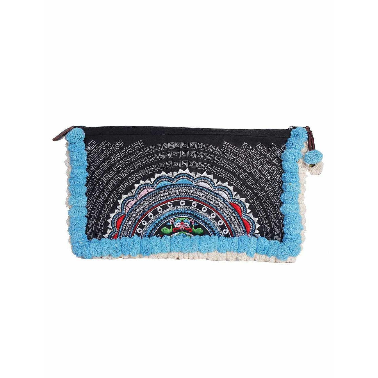 Double Pompom Embroidered Hmong Clutch - Thailand Bags La Vie Bien Double Pompom Embroidered Hmong Clutch - Thailand