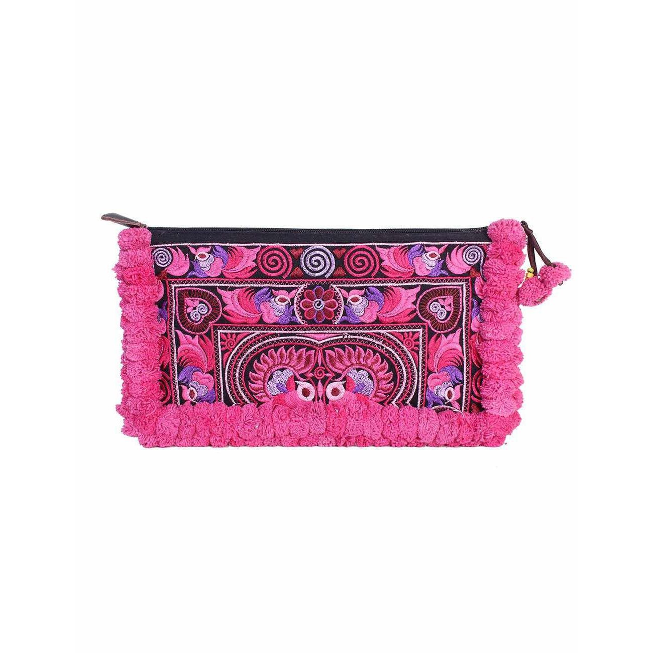 Double Pompom Embroidered Hmong Clutch - Thailand Bags La Vie Bien Double Pompom Embroidered Hmong Clutch - Thailand