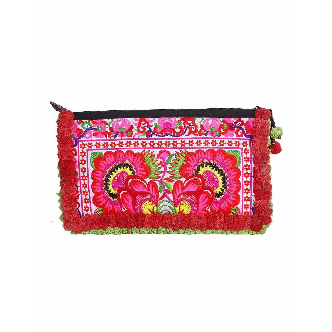 Double Pompom Embroidered Hmong Clutch - Thailand Bags La Vie Bien Double Pompom Embroidered Hmong Clutch - Thailand