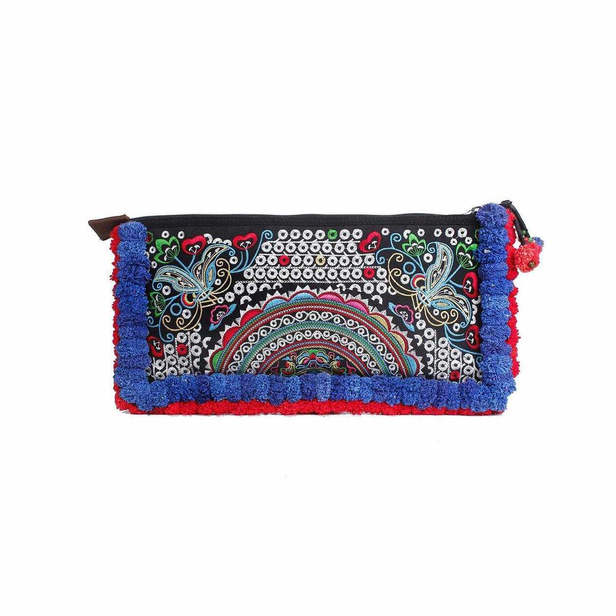 Double Pompom Embroidered Hmong Clutch - Thailand Bags La Vie Bien Double Pompom Embroidered Hmong Clutch - Thailand